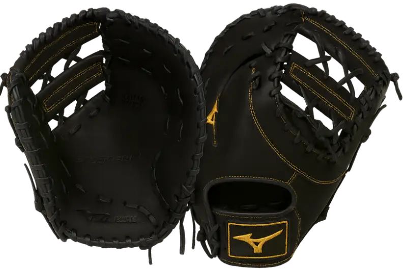 Mizuno MVP Prime first base mitt in black leather with gold stitching, Bio Soft Leather construction and deep center pocket for high school and competitive adult players.