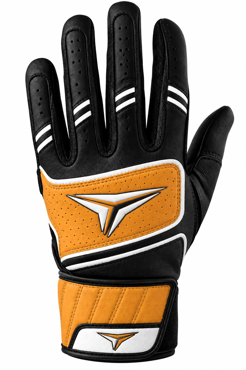 Batting gloves by Mizuno for adults, in black and orange with white trim.