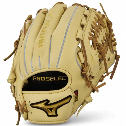 Mizuno Pro Select baseball glove with Japanese tanned steerhide leather and premium lace construction on a neutral background.
