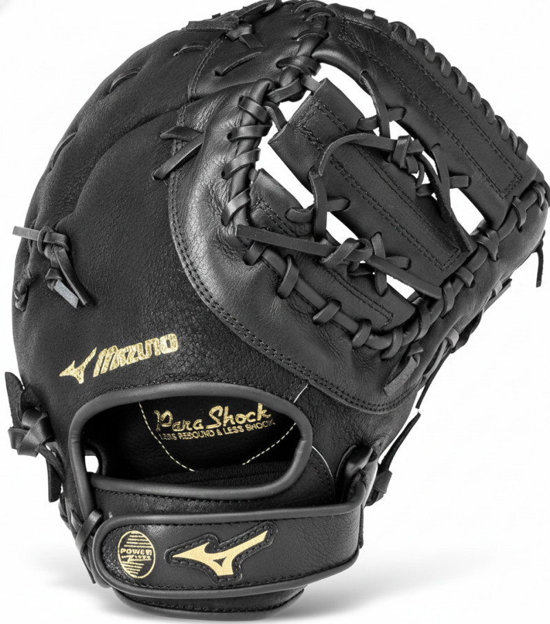 Mizuno Prospect PowerClose Series First Base Mitt displayed showing its spring-assisted closure technology and youth first base design for developing young players.