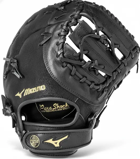 Mizuno Prospect PowerClose Series First Base Mitt displayed showing its PowerClose technology construction and pre-broken scoop pocket design.