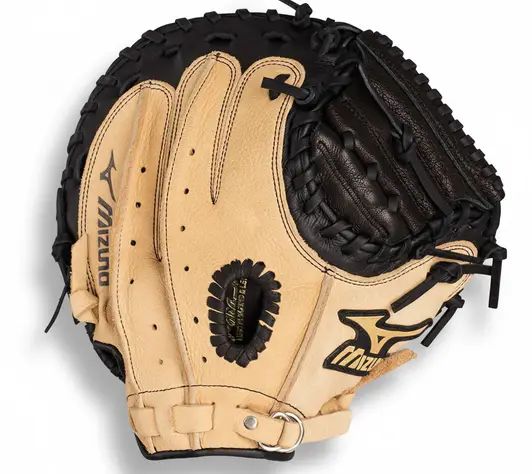Mizuno Prospect PowerClose Catcher's Mitt displayed showing its youth-friendly construction and PowerClose hinge technology for younger developing catchers.