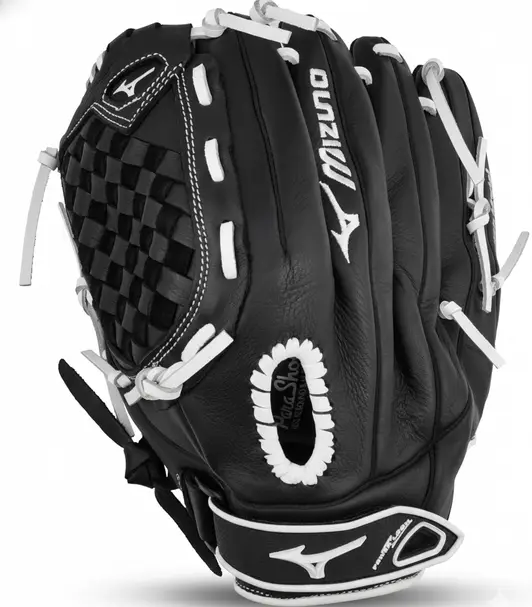 Mizuno Prospect Select Fastpitch Softball Glove displayed showing its youth fastpitch Bio Soft leather construction and Prospect platform design.
