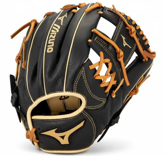 Mizuno Prospect Select Youth Baseball Glove displayed showing its Bio Soft leather construction and Center Pocket web design.