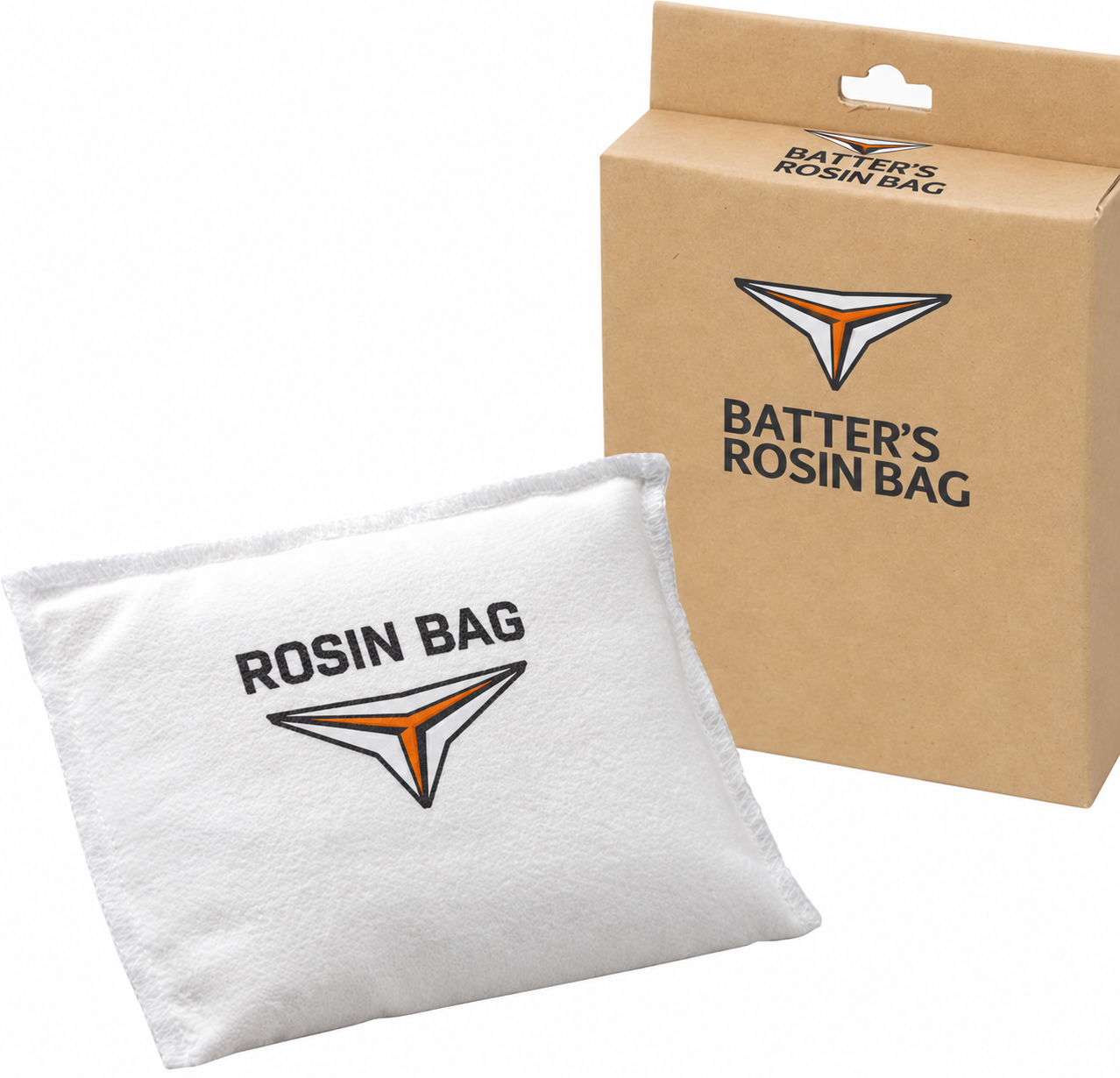 Rosin bag by Mizuno, white fleece pouch with stitched edges and a kraft box.