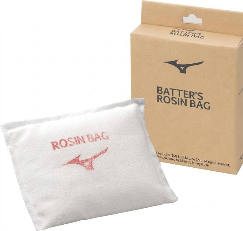 Mizuno rosin bag for batters, white with red Mizuno logo and kraft box packaging included.
