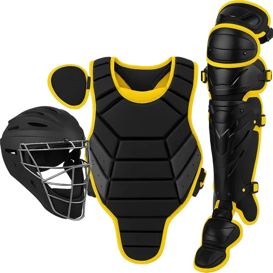 Mizuno Samurai Adult Baseball Boxed Catcher's Gear Set displayed showing its complete three-piece Samurai platform with helmet, chest protector, and shin guards for competitive adult baseball catchers.