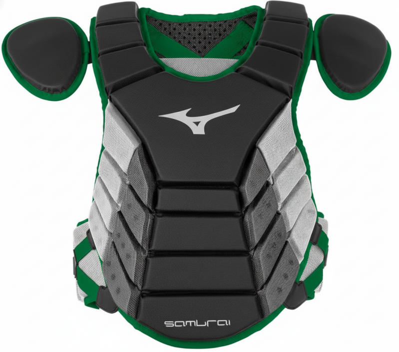 Mizuno Samurai Baseball Chest Protector displayed showing its foam construction and proven Samurai platform design for competitive baseball catchers.