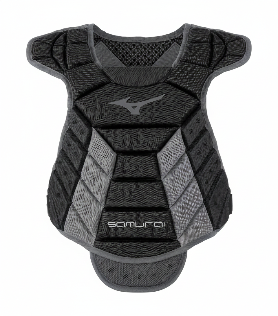 Mizuno Samurai Women's Fastpitch Softball Chest Protector displayed showing its women's specific foam construction and proven Samurai platform design for competitive catchers.