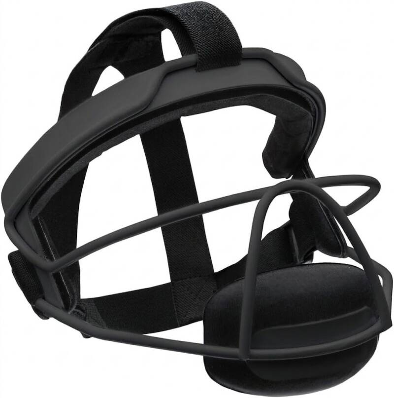 Mizuno Softball Fielders Face Mask displayed showing its steel wire cage construction and adjustable foam padded strap system on a neutral background.