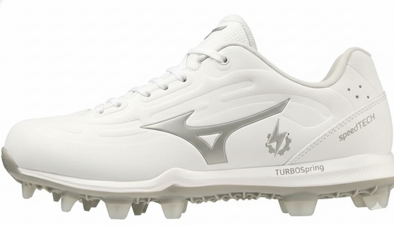 Mizuno Women's 9-Spike Swift 8 Low Metal softball cleats with proven 9-spike metal plate and synthetic leather upper built for directional grip on grass and dirt at the competitive fastpitch level.