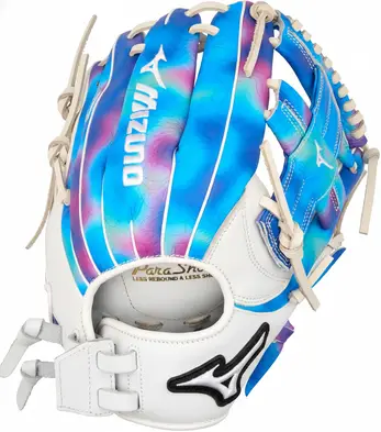 Mizuno Women's MVP Prime M-Print Fastpitch Softball Glove displayed showing its Bio Soft leather construction and distinctive M-Print colorway for competitive outfielders.