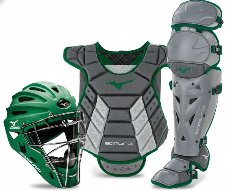 Mizuno Women's Samurai Boxed Catcher's Gear Set displayed showing its women's specific matched Samurai construction across all three components for competitive fastpitch catchers.