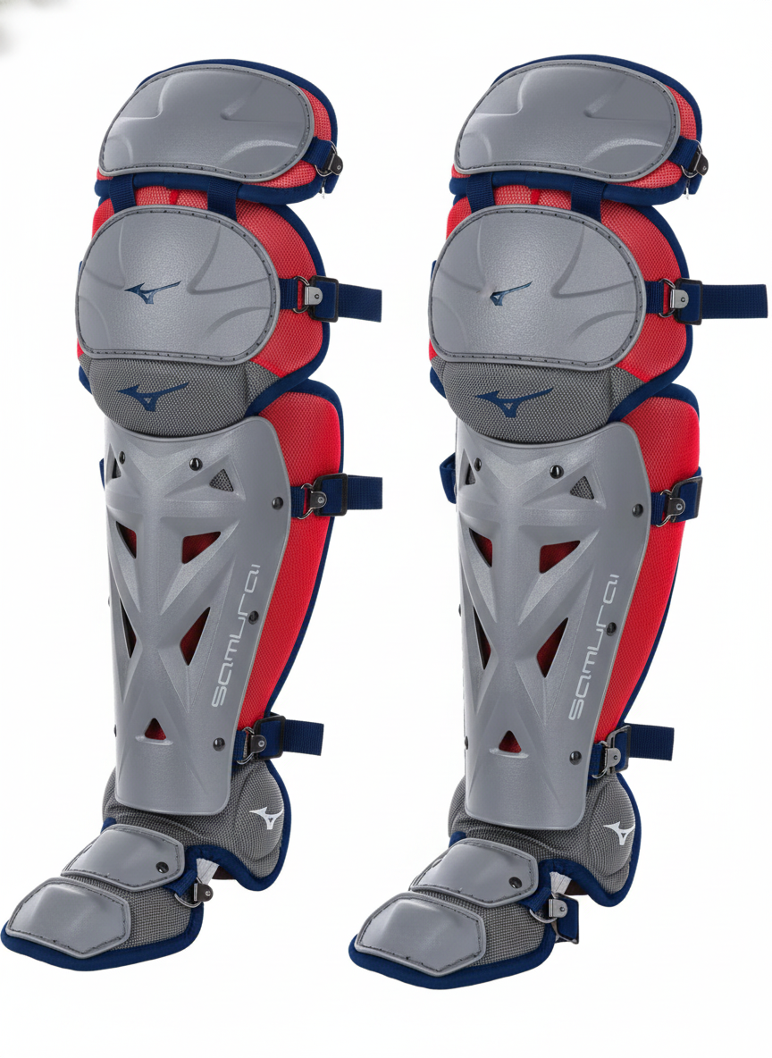 Mizuno Women's Samurai Fastpitch Softball Shin Guards displayed showing their women's specific foam and hard shell construction and proven Samurai platform design.