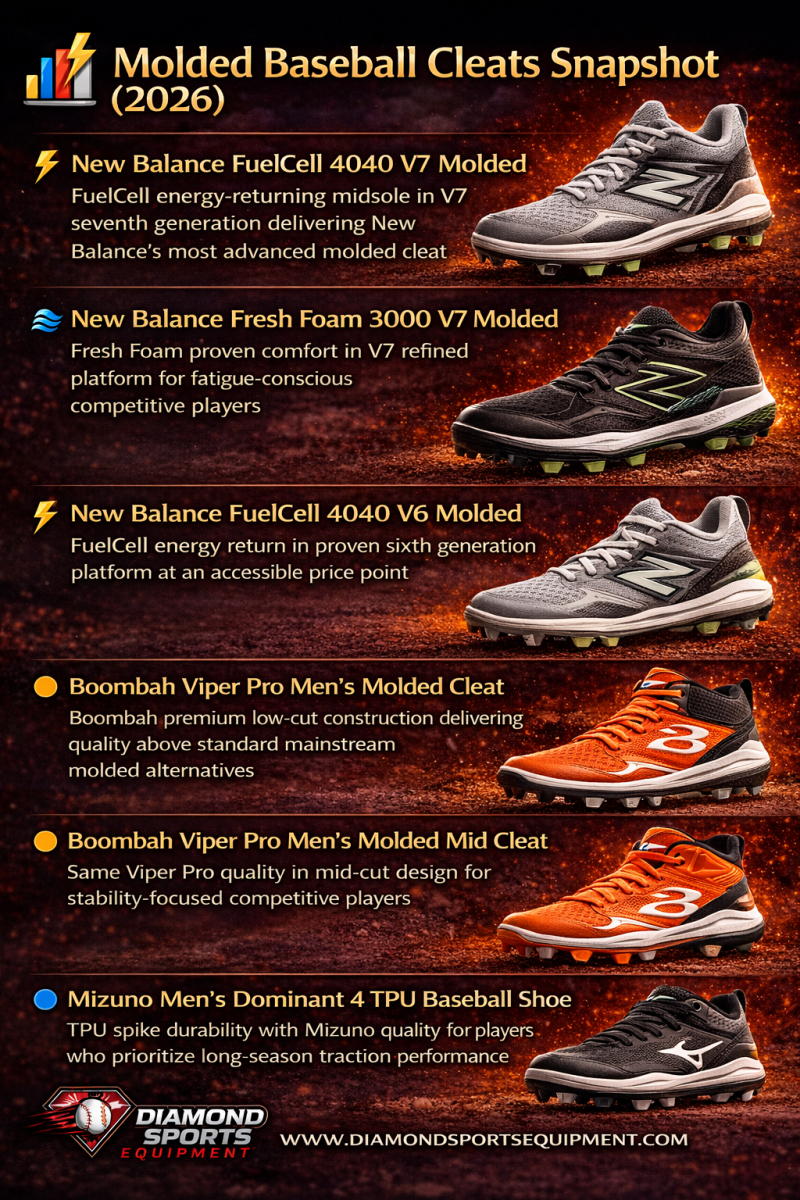 Molded baseball cleats comparison infographic showing six models with differences in cushioning, durability, and low vs mid cut designs for 2026 players.