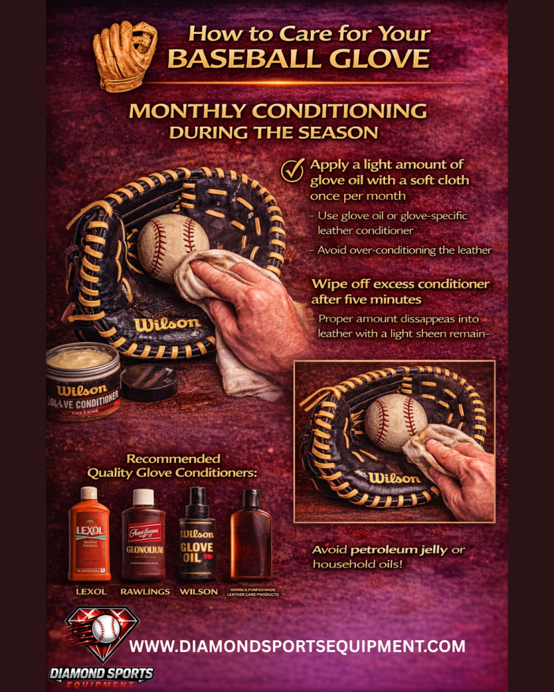 Baseball glove conditioning infographic explaining proper oil use, application frequency, and avoiding over-conditioning