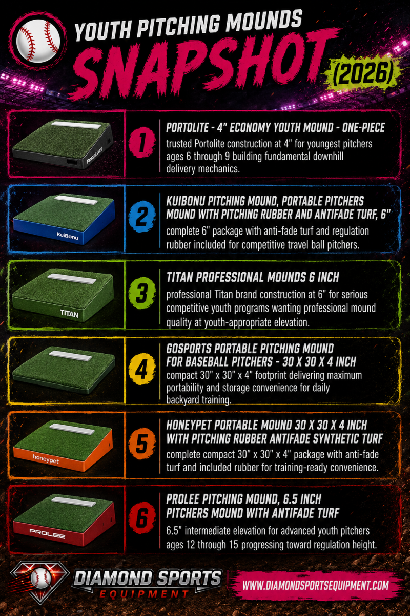 Youth Pitching Mounds Snapshot (2026) featuring portable youth pitching mounds with anti-fade turf, compact training mound designs, and beginner-to-advanced elevation options for developing pitchers.