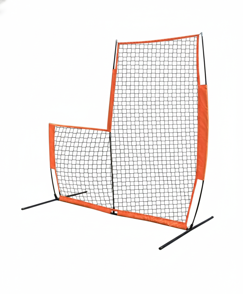 Portable baseball L-screen for pitching protection during practice.