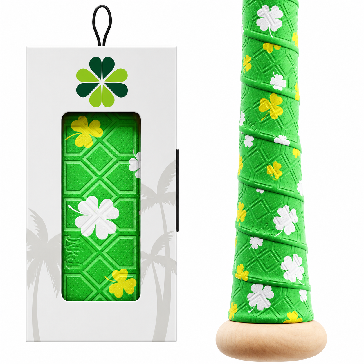 Bat grip tape by Naked Grips, in green, white, and yellow, 1 mm thick.