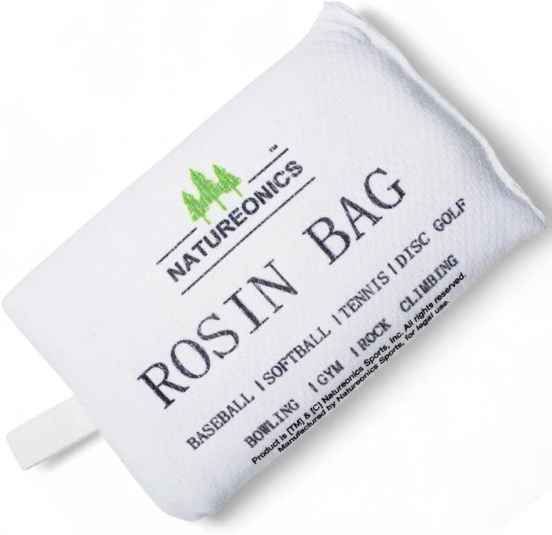 Natureonics rosin bag for baseball and softball players, white multi-sport grip bag with green tree branding.