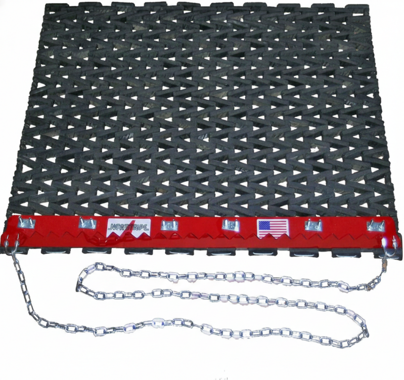 Newstripe Infield DragMat with rubber steel combination construction in 3-foot and 6-foot width options for a finer surface finish than standard steel mesh designs.