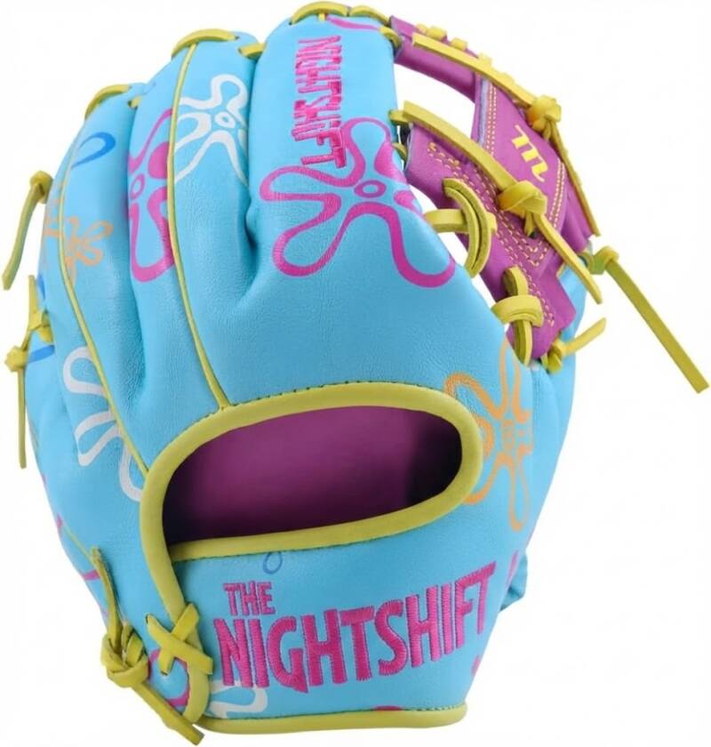 Nightshift: Robert Sponge, a fielding glove in a light blue finish with a pink and yellow flower print and yellow lacing.