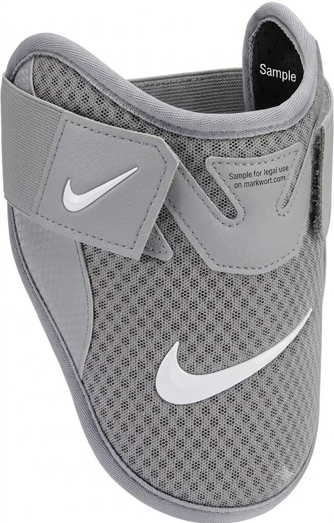 Nike Adult Diamond batter's elbow guard in gray mesh with white Swoosh logo and adjustable velcro strap.