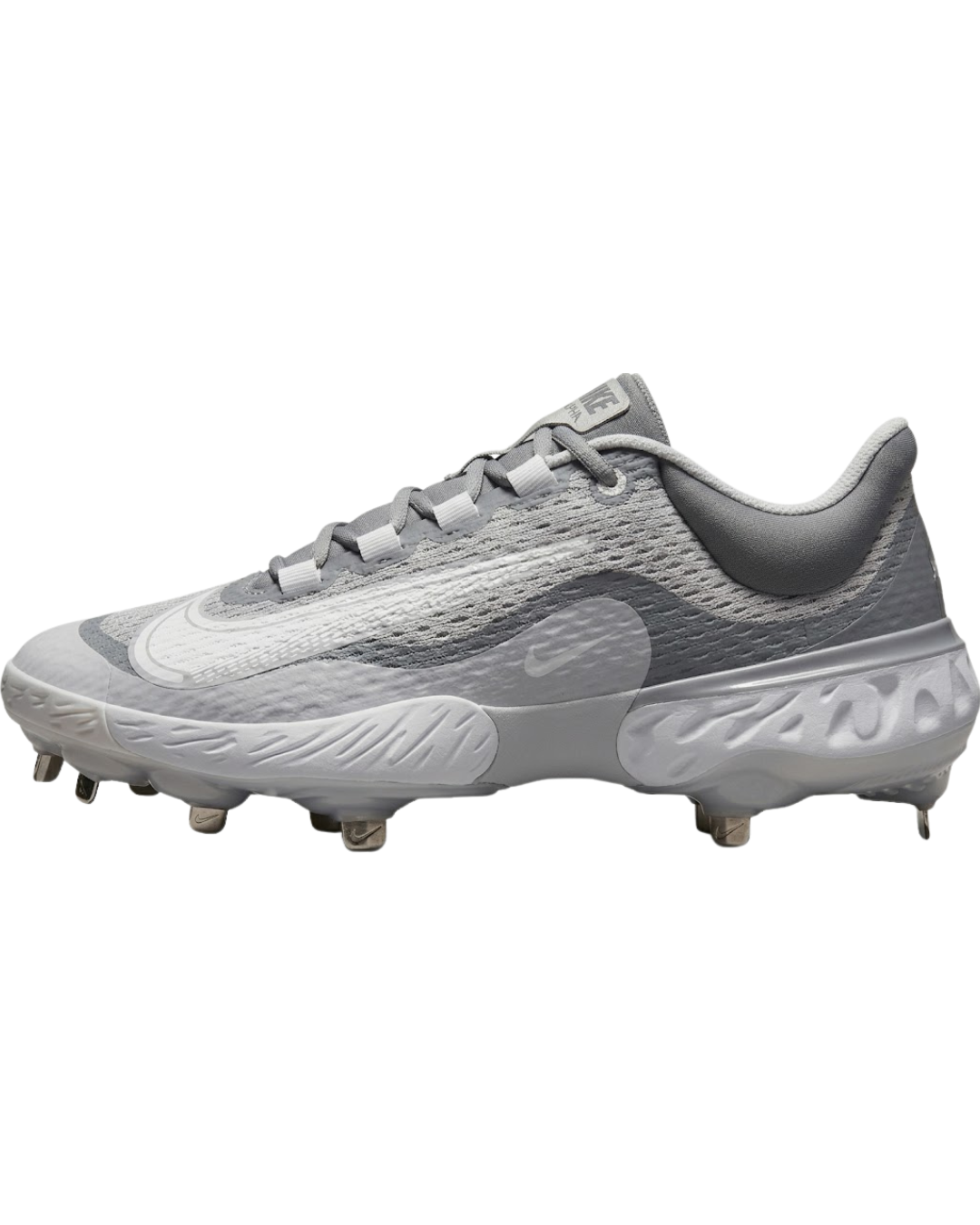 A grey and white Nike Alpha Huarache Elite 4 baseball cleat is shown against a plain white background.