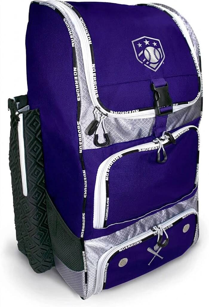 A purple and silver baseball equipment bag with multiple zippered compartments and a bat sleeve on a white background.