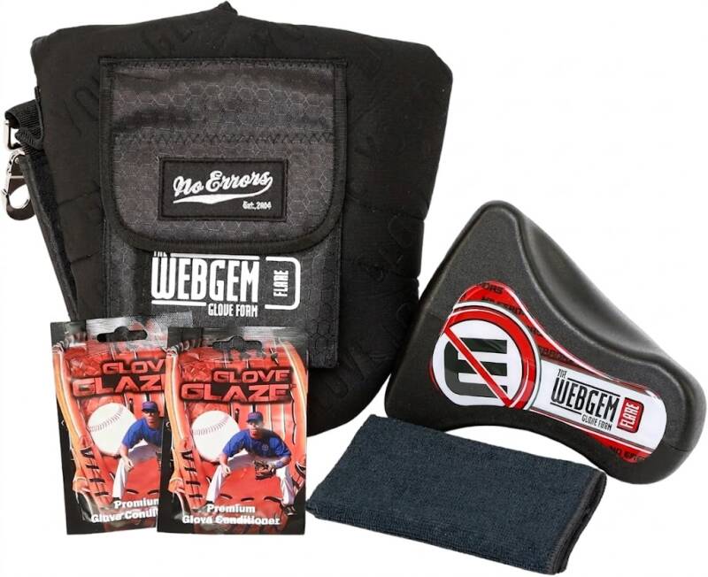 No Errors WebGem Fielder's Glove Care System with carrying bag, Glove Glaze conditioner packets, WebGem Flare form, and cloth.