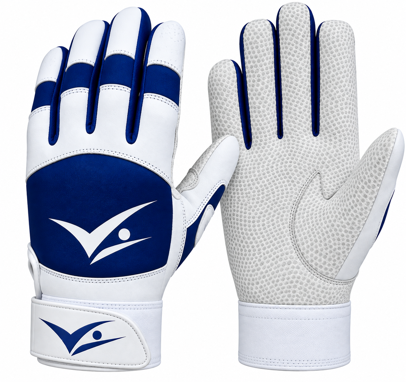 Batting gloves by NVT, in white and navy with textured palms.