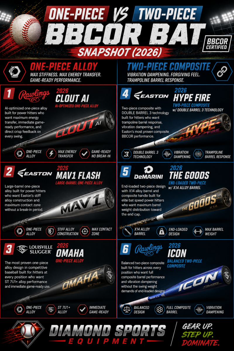 One-piece vs two-piece BBCOR bat snapshot featuring Rawlings Clout AI, Easton MAV1 Flash, Louisville Slugger Omaha, Easton Hype Fire, DeMarini The Goods, and Rawlings ICON baseball bats.
