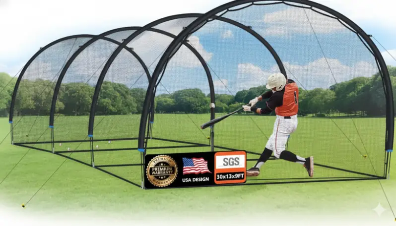 Adjustable-size baseball batting cage net available in multiple lengths