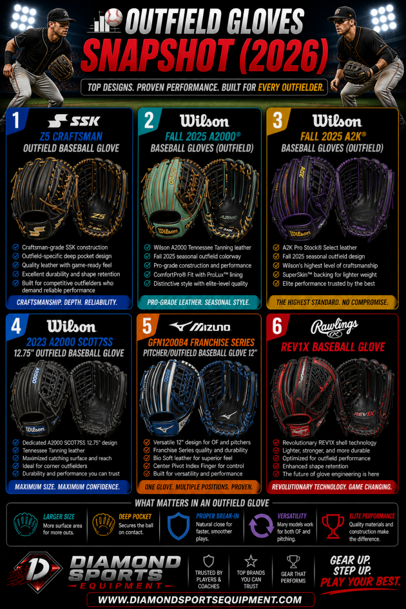 Outfield gloves snapshot showing six gloves in a two-row grid on a dark stadium background with Diamond Sports Equipment branding.
