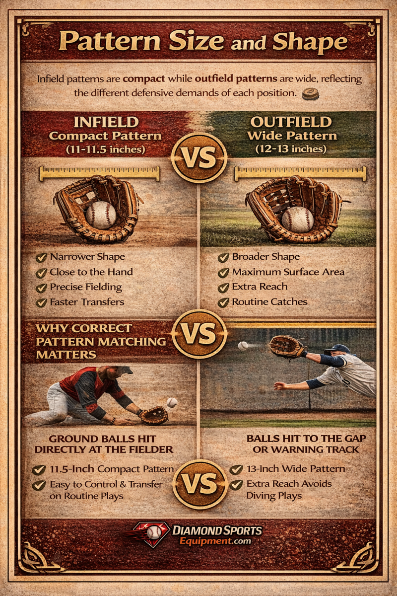 Pattern size and shape infographic showing compact infield gloves vs wide outfield gloves with differences in reach and control