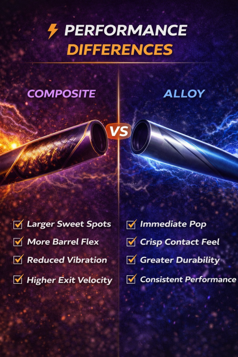 Infographic comparing composite vs alloy fastpitch softball bats and highlighting differences in sweet spot size, vibration control, durability, and contact feel.