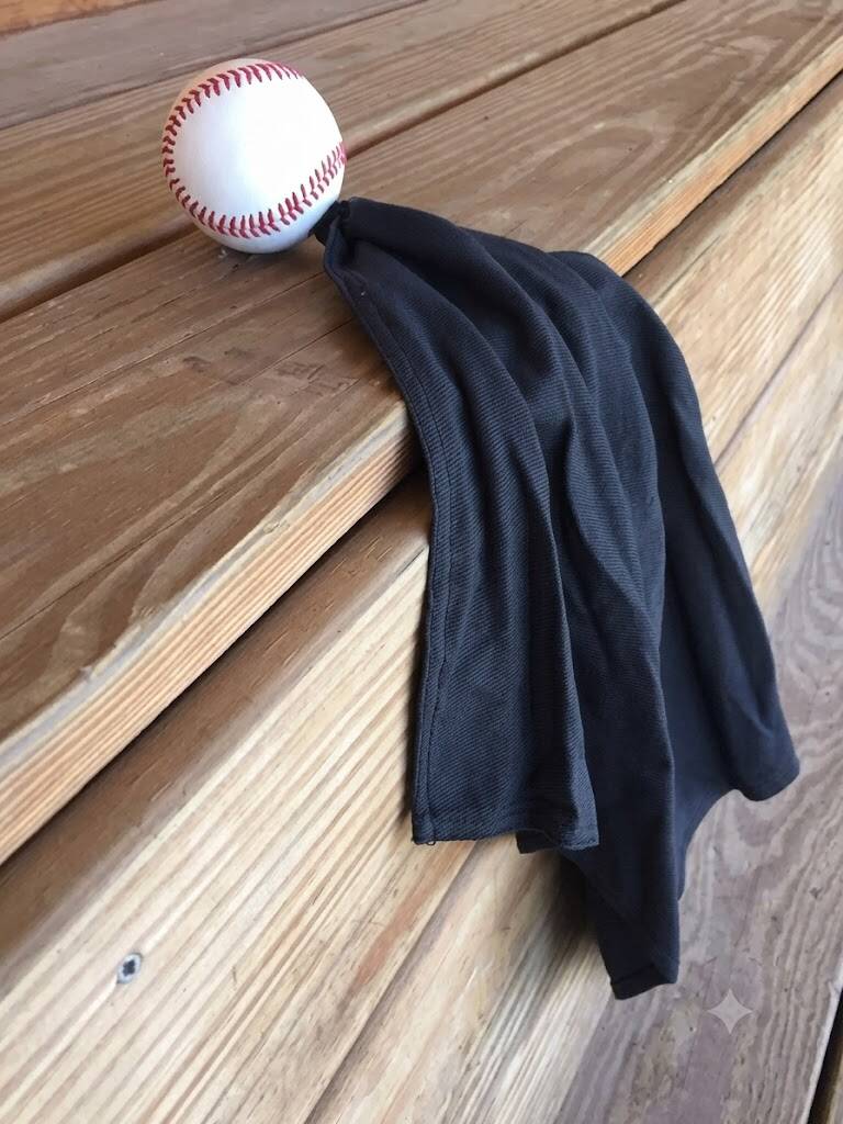 Performance Pitch Training Towel, a genuine leather baseball with a towel sewn into it for gripping during arm-motion drills.
