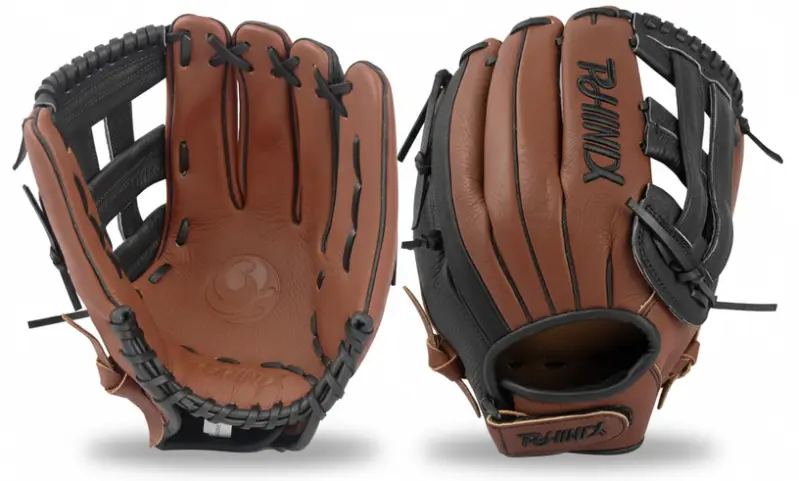 PHINIX Adult All Leather Slow-Pitch Softball Glove displayed showing its genuine steerhide leather construction and 12.5" crossover outfield design for recreational players.