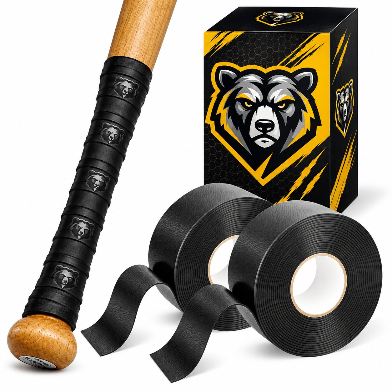 Bat grip tape by Phixbear, in black, 1.1 mm thick, two rolls.