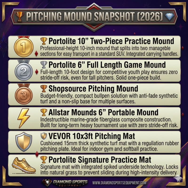 A high-resolution vertical ranking graphic for pitching mounds and mats featuring 6 rows with gold ranking icons and detailed performance summaries for each product.