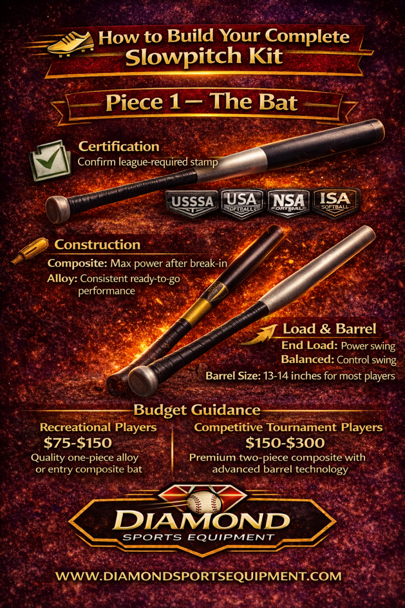 Slowpitch softball bat selection infographic showing certification, construction types, and performance options