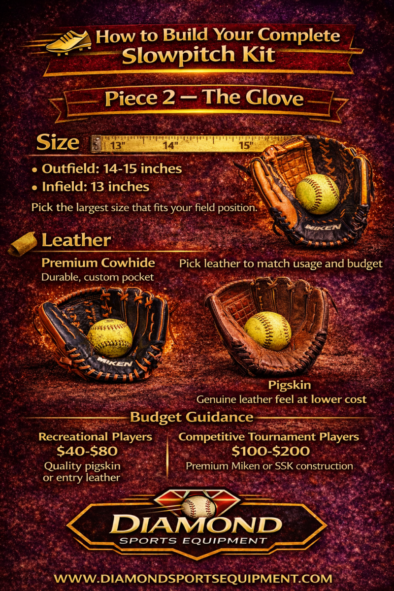 Slowpitch softball glove guide infographic showing size options and leather types for defensive performance