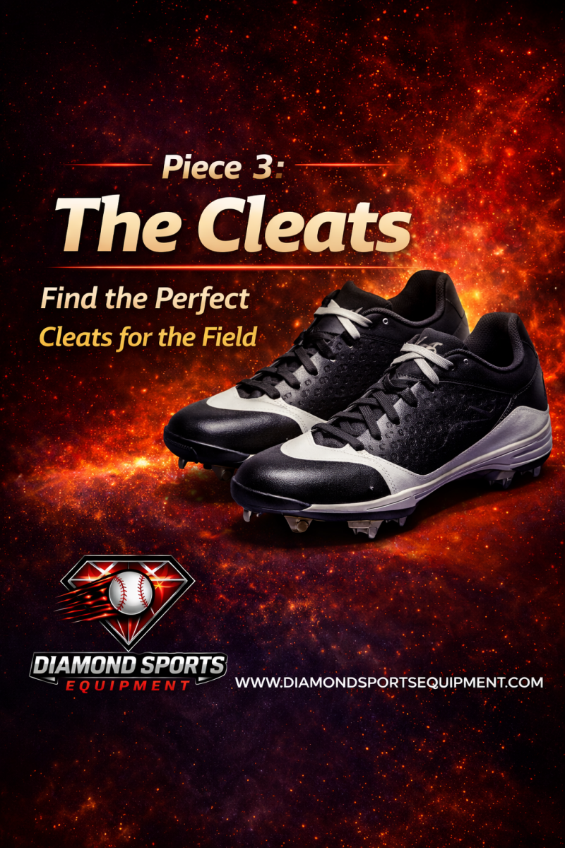 Piece 3 baseball cleats selection guide with black metal cleats on fiery cosmic background