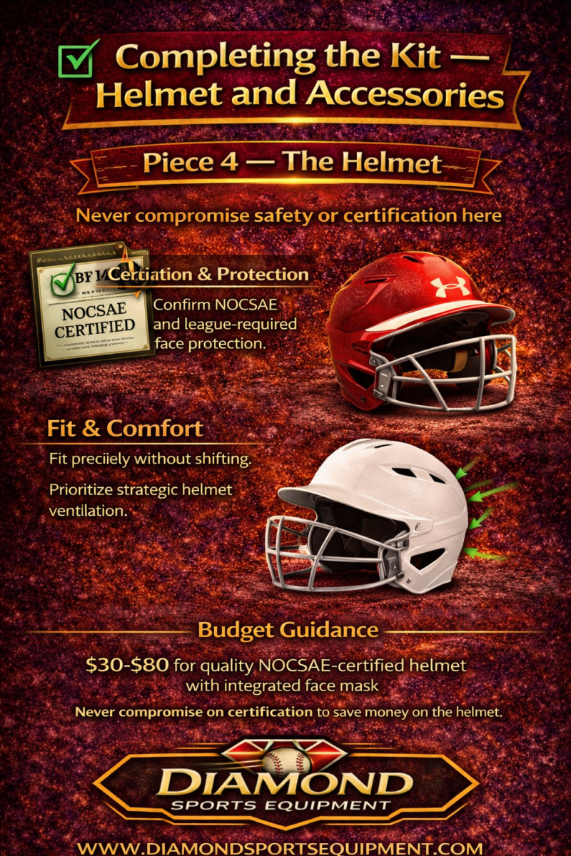 Softball helmet guide infographic showing NOCSAE certification, fit, and safety features for player protection
