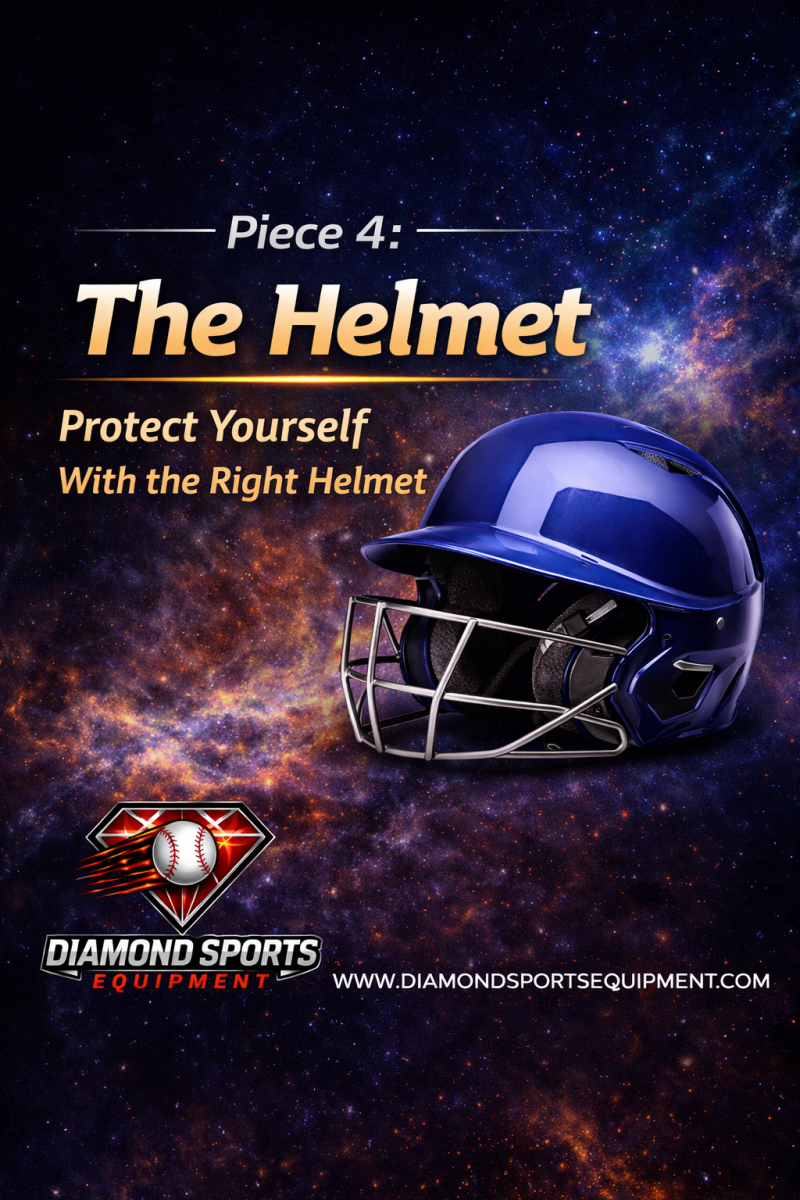 Piece 4 baseball helmet safety guide with protective batting helmet on space-style background