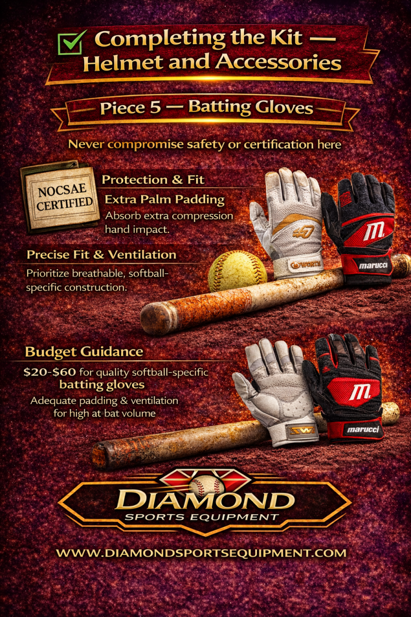Softball batting gloves infographic showing grip, padding, and comfort benefits for high-volume hitters