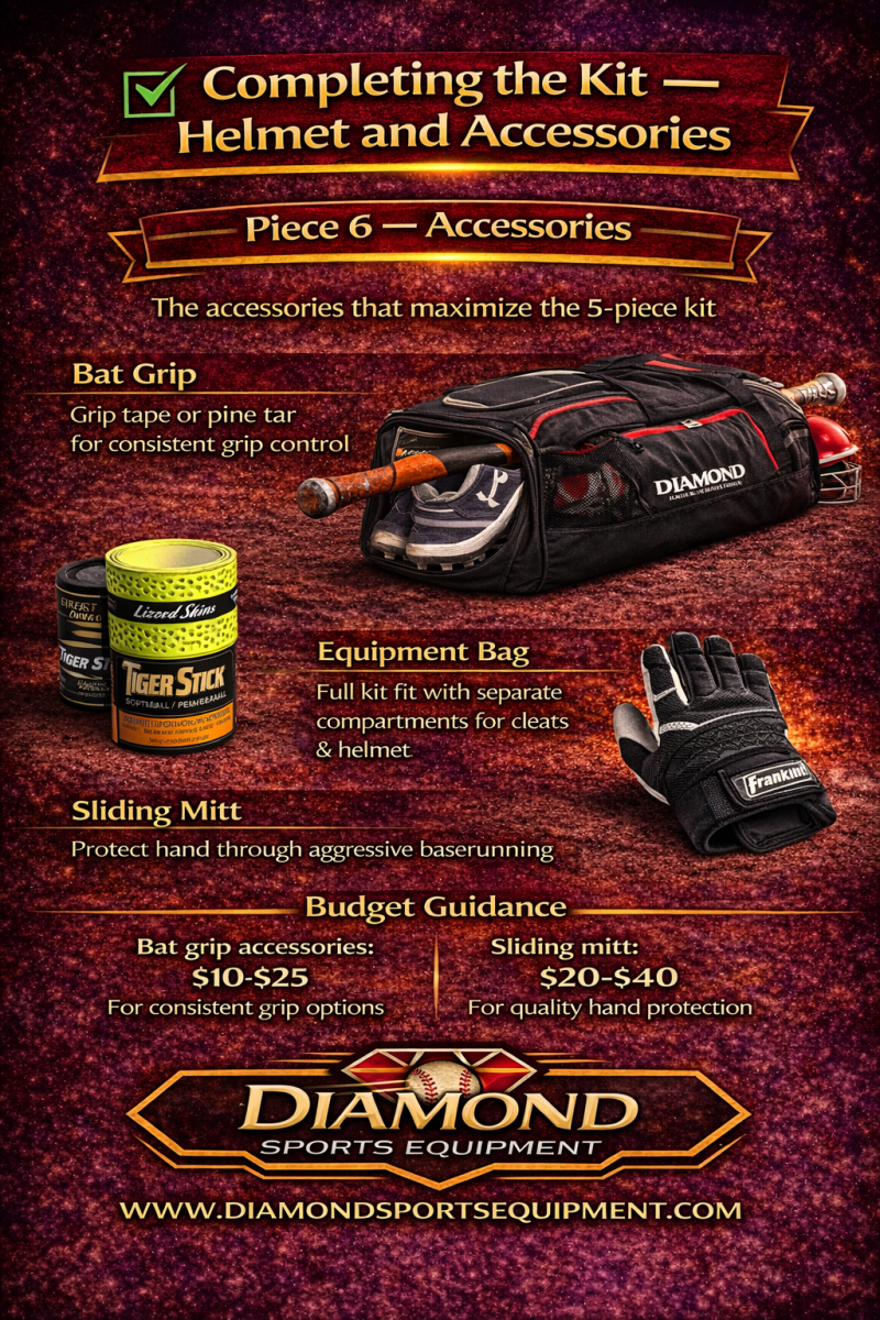 Slowpitch softball accessories infographic showing bat grip, equipment bag, and sliding mitt essentials