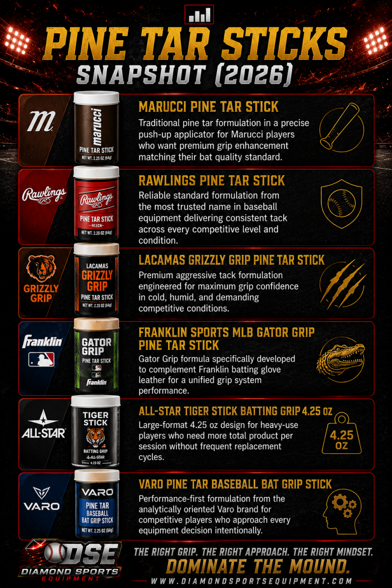 Baseball pine tar sticks comparison infographic featuring Marucci, Rawlings, Grizzly Grip, Franklin Gator Grip, All-Star Tiger Stick, and Varo grip sticks with fiery stadium-style design and Diamond Sports Equipment branding.