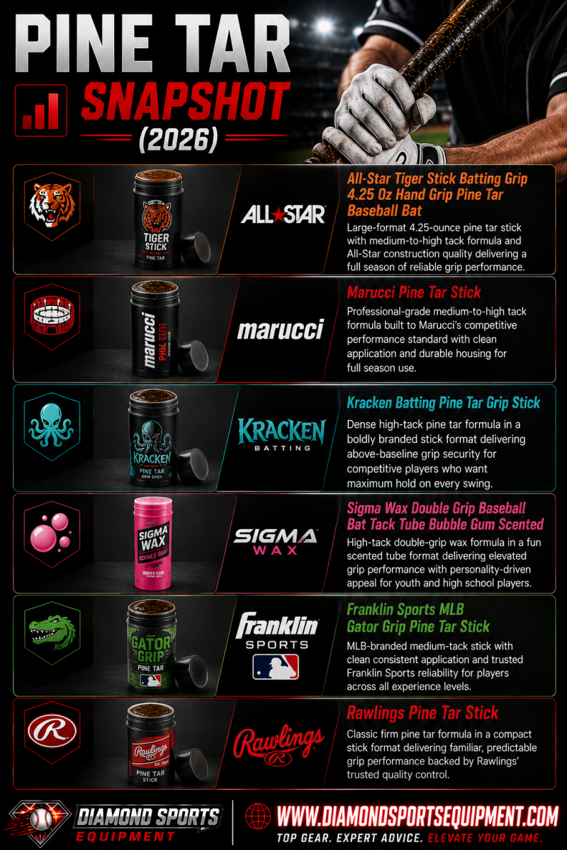 All-Star Tiger Stick 4.25 Oz Pine Tar, Marucci Pine Tar Stick, Kracken Batting Pine Tar Grip Stick, Sigma Wax Double Grip Tack Tube, Franklin Sports MLB Gator Grip Pine Tar Stick, and Rawlings Pine Tar Stick comparison for 2026.