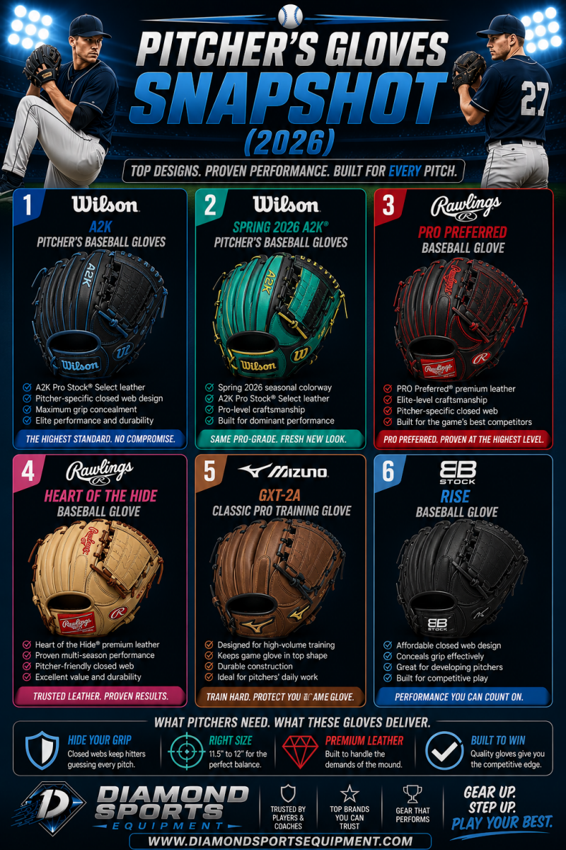 Pitcher’s gloves snapshot showing six closed-web baseball gloves in a two-row grid on a dark stadium background with Diamond Sports Equipment branding.
